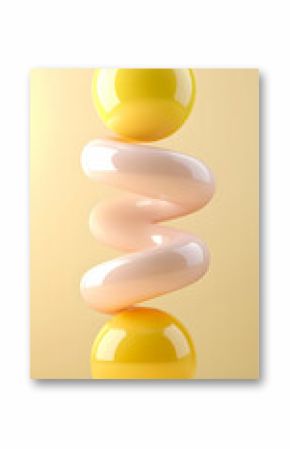 Abstract 3D Render of Balanced Pastel Yellow and Pink Spheres and Spiral