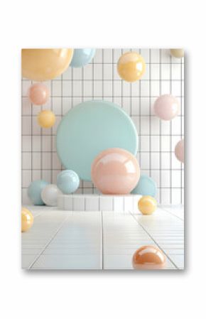 Pastel Spheres and Geometric Shapes on White Tile Background