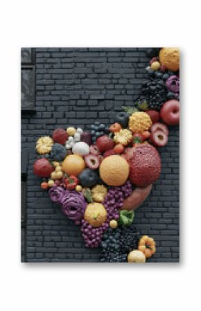 Colorful Fruit And Vegetable Arrangement On Brick Wall