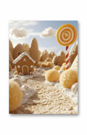 Whimsical Gingerbread Village with Lollipop and Snowy Mountains