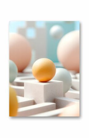 Abstract 3D Pastel Sphere on Cube with Geometric Shapes