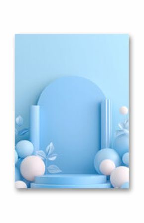 Pastel Blue Product Display Stage with Spheres and Leaves