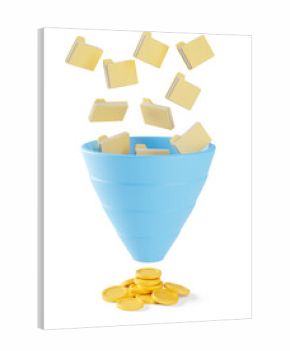 Possession of information brings money. Folders fall into the sales funnel as a symbol of information, which bring coins as a symbol of profit.  isolated on white background. 3d render