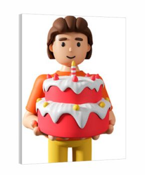 Young man 3d character holding two-story birthday cake with candle and fruits. 3d illustration of adult boy holding birthday cake