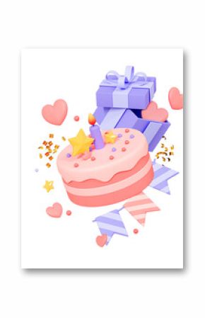 3D Birthday party poster with cake, gift box, festive garland and confetti decoration. Anniversary and wedding invitation. Valentine's day surprise. Cartoon creative design illustration. 3D Rendering