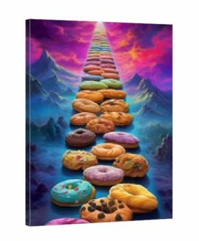 Generative AI Colorful donuts on a background of mountains. 3d rendering