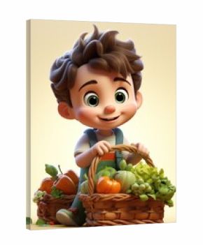 3D illustration of a cute boy standing and holding a basket full of vegetables Learning Healthy Eating in School Generative AI