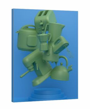 Abstract scene or podium with kitchen appliances and utensils on monochrome.