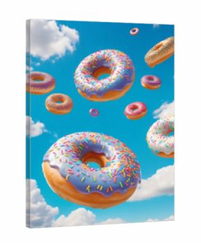Delicious glazed donuts with colorful sprinkles fall from the sky. Rain of donuts, bright blue sky, fantastic illustration.