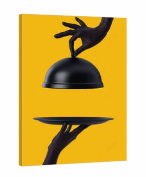 Black Dish with lid holding hands isolated on yellow, opened restaurant cloche, 3d rendering, launch time promo banner concept