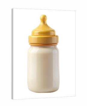 3D Yellow Baby Bottle with a yellow nipple, designed for infant feeding. Isolated on transparent background, png.