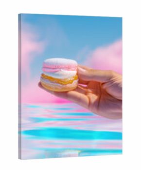 3D miniature photography of hand holding dessert macaron cream cake under clouds sky with vibrant colors happy bright fashion blue background baking pastry food poster with pink clouds water sky