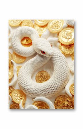 A white snake on a pile of gold coins. Concept design for the Year of the snake 