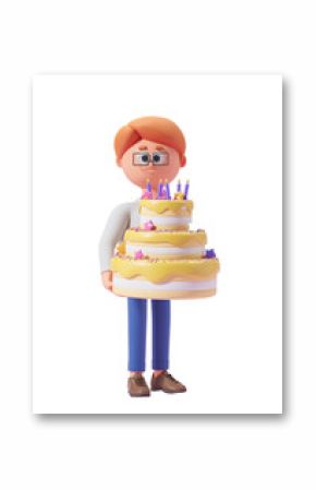 Cartoon character holding a large birthday cake with candles and decorations, against a white background. 3D Rendering