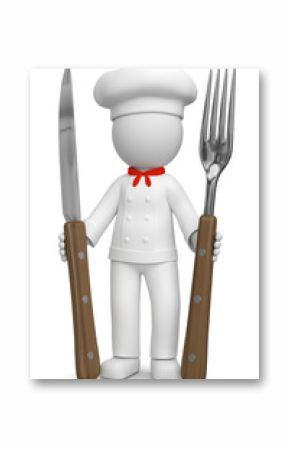 3d Männchen Koch mit Messer und Gabel präsentiert sein Restaurant und seine gute Küche