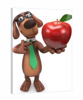 3d Comicfigur Hund zeigt einen Apfel als gesunde Ernährung.