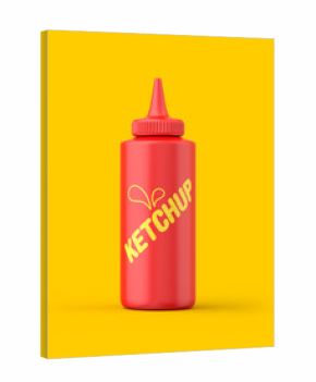 Ketchup squeeze bottle on a yellow background. 3d render. Front view. Conceptual Scenes Series.