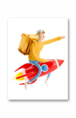 Express delivery concept. 3d illustration. Cartoon character. Delivery guy flies on a rocket with urgent order in yellow uniform stands with the big bag. 