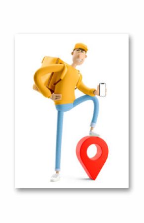 3d illustration. Cartoon character. Delivery guy holding a phone in yellow uniform stands with the big bag and a red pin.