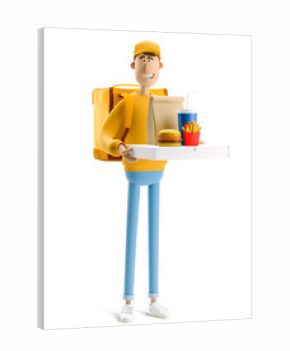 3d illustration. Cartoon character. Delivery guy with pizza and fastfood in yellow uniform stands with the big bag.