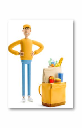 Safe delivery concept. 3d illustration. Cartoon character. Delivery guy in yellow uniform stands with grocery bag and fasfood.
