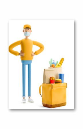 Safe delivery concept. 3d illustration. Cartoon character. Delivery guy in medical mask and yellow uniform stands with grocery bag and fasfood.