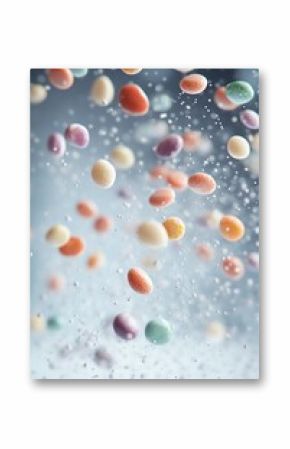 Colorful candies falling in slow motion with a soft light and sparkling background. 3d soft pastel pop