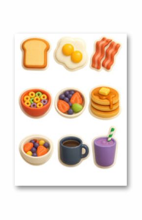 Delightful 3d breakfast icons set featuring classic morning meals in a playful style
