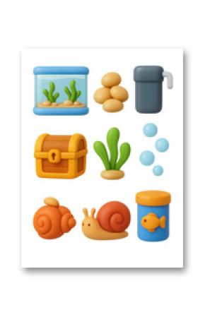 Vibrant 3d aquarium icons set featuring marine life and accessories
