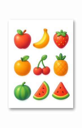 Glowing 3d fruit icon set: vibrant designs of apple, banana, strawberry, and more