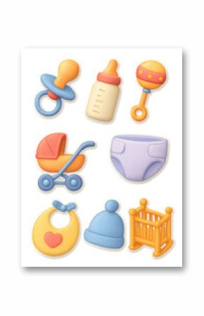Charming baby essentials 3d icons set: pacifier, bottle, rattle, and more