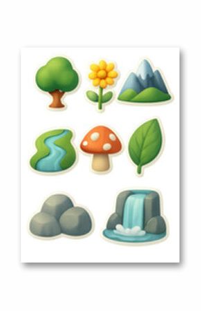 3d nature icons set: tree, flower, mountain, river, mushroom, leaf, rock, waterfall