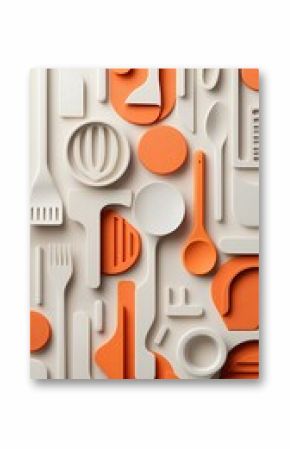 Minimalist 3D Render of Orange and White Kitchen Utensils