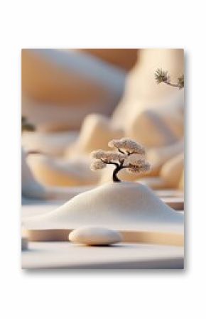 Whitish Beige Bonsai Tree on a Hilltop Minimalist 3D Render