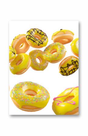 Donuts with yellow lemon glaze, sprinkles, white drizzle, and dots isolated on white transparent background. 3d rendering and illustration of dessert variety