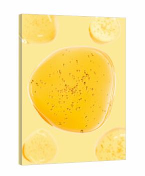 3D transparent golden gel texture with air bubbles on yellow background. Perfect for skin care, advertisement cosmetics. Cooking oil. Motor oil. Macro shot.