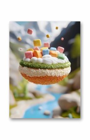 Floating Island of Pastel Cubes in a Psychedelic Mountain Landscape