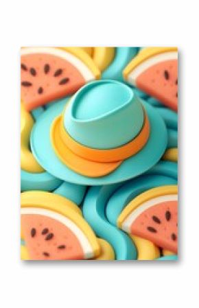 Summer Picnic Layout With Watermelon Slices Hat and Blue Yellow Background