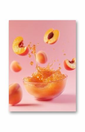 Peach juice splash in a bowl, vibrant and fresh