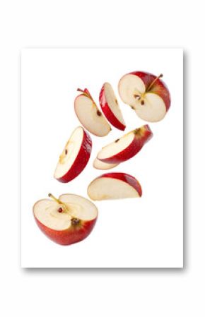 Falling red apple slices isolated on transparent background.
