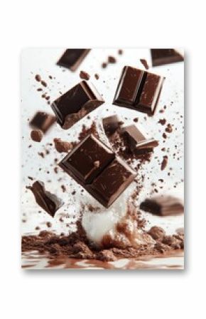 3D render flying chocolate pieces with cocoa powder and milk splash, isolated on white background