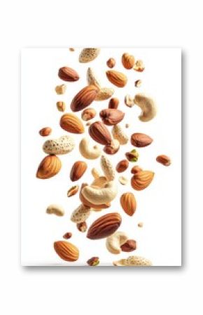 3D render flying nuts mix, almonds, cashew, pistachio, hazelnuts, isolated on white background