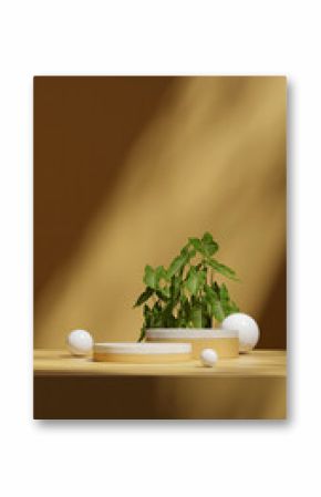 spheres in backdrop, 3d render image scene mockup orange color curved cylinder podium in portrait