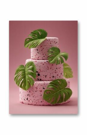 Pink terrazzo cake with tropical leaves