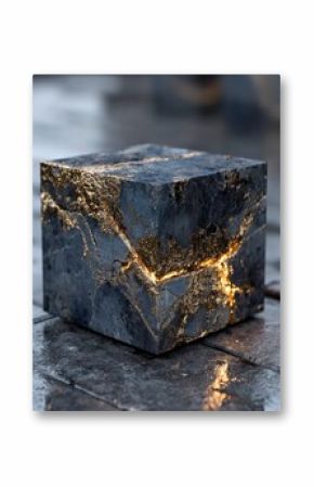 Glowing Gold Veined Dark Stone Cube Abstract 3D Render