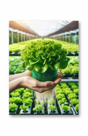 3d illustration. Growing and harvesting from seedlings green vegetables, kale, green cabbage, lettuce, grown in greenhouses. Concept growing and harvesting organic vegetables.