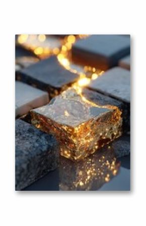 Golden Cube Illuminated with Backlight on Stone Surface