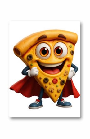 Superhero Pizza Slice Character with Cape, Isolated on Transparent and White Background