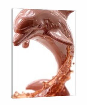 Glossy chocolate dolphin sculpture with splashing liquid and fluid dynamics