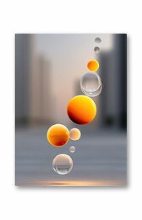 Floating Orange and Transparent Spheres Against Blurred City Sunset